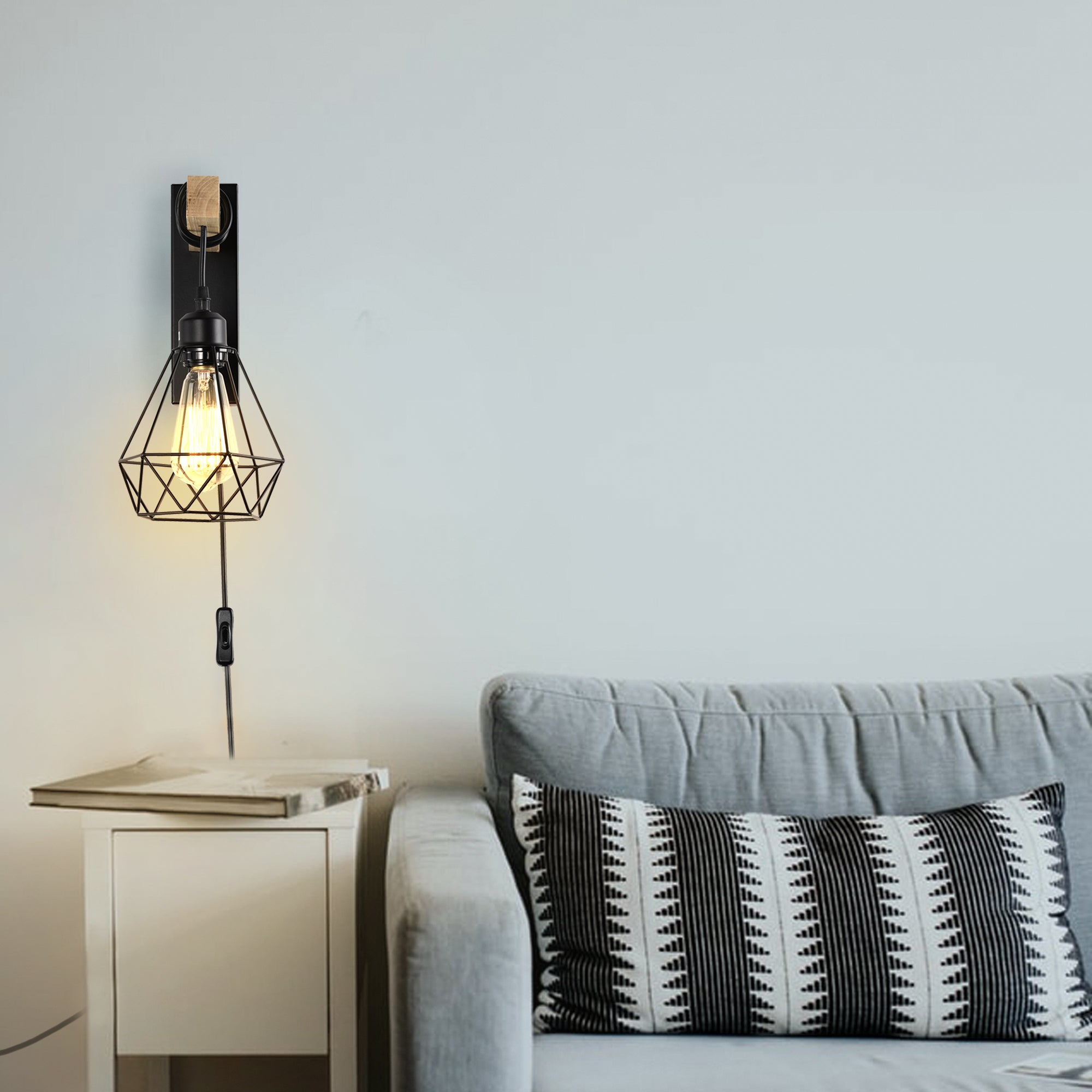 Pasi Plug-in Wall Sconces Wood Wall Light Fixture Black Wall Lamp 1-Light