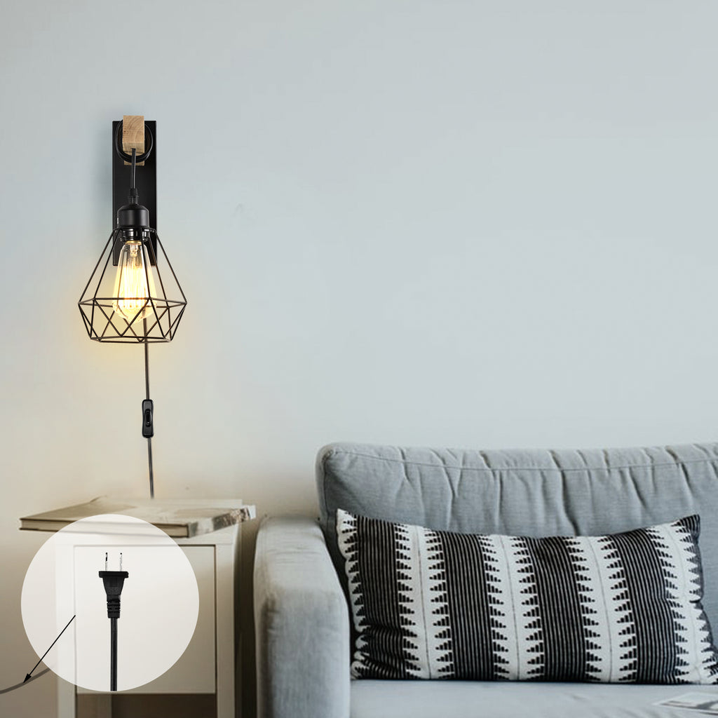 Plug in Wall Sconces Set of Two Industrial Wall Lamp with 6ft Plug in Cord Wood Wall Sconce for Bedroom Farmhouse Black Wall Lights On/Off Switch